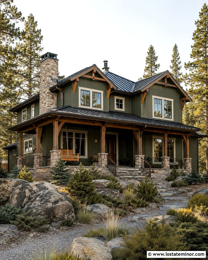 Olive Green Mountain House With Timber Swing - 30 Olive Green House Design With Swing Ideas