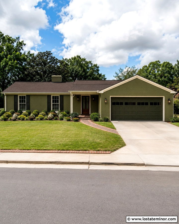 Olive Green Painted Brick House With Dark Olive Garage - 30 Olive Green House Design With Garage Door Ideas