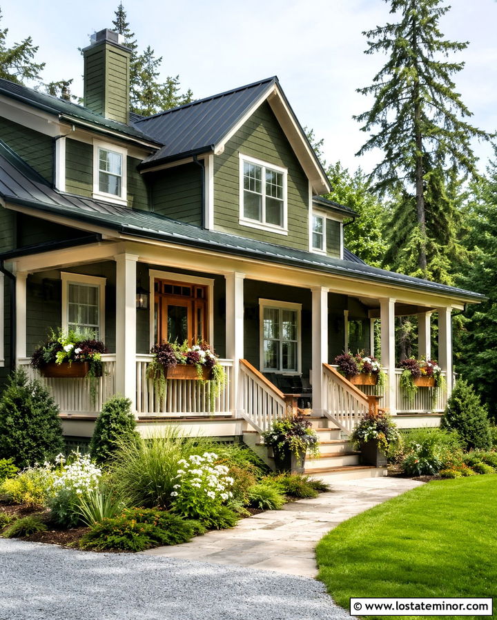 Olive Green Porch House With Window Boxes - 30 Olive Green House Design With Window Boxes Ideas