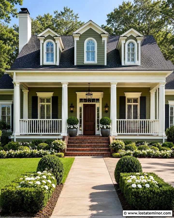 Olive Green Porch With Seeded Glass Lanterns - 30 Olive Green House Design With Light Fixtures Ideas