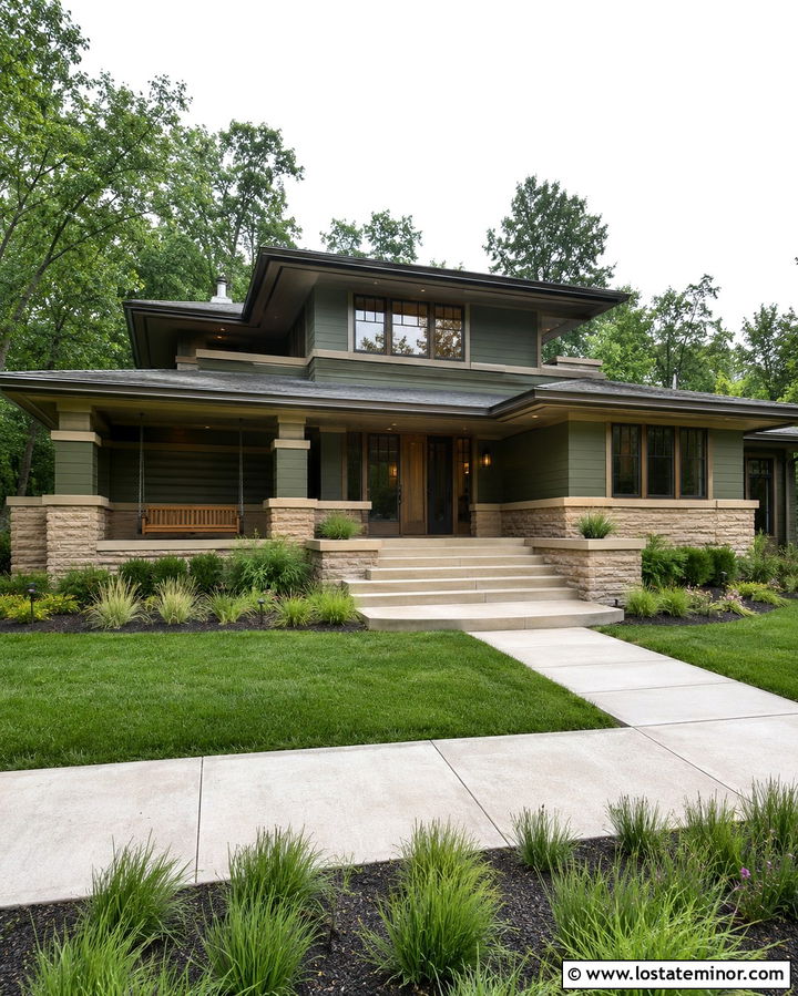 Olive Green Prairie House With Bench Swing - 30 Olive Green House Design With Swing Ideas