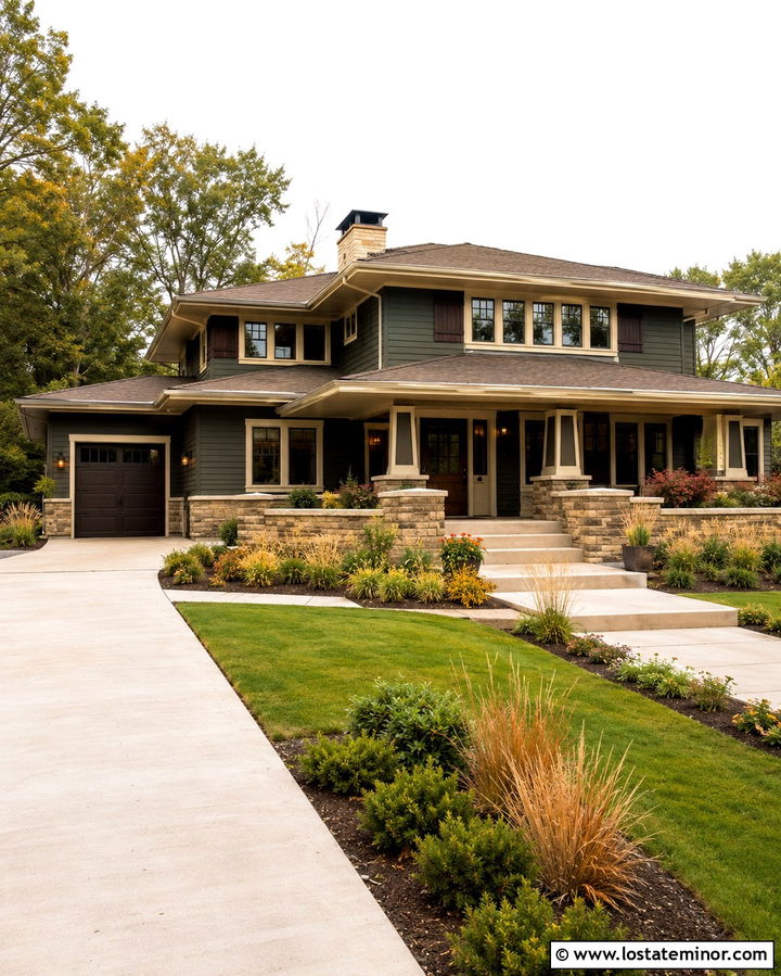 Olive Green Prairie House With Espresso Shutters - 30 Olive Green House Design With Shutters Ideas