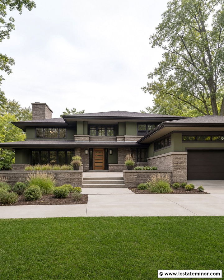 Olive Green Prairie House With Graywashed Brick - 30 Olive Green House Design With Brick Accents Ideas