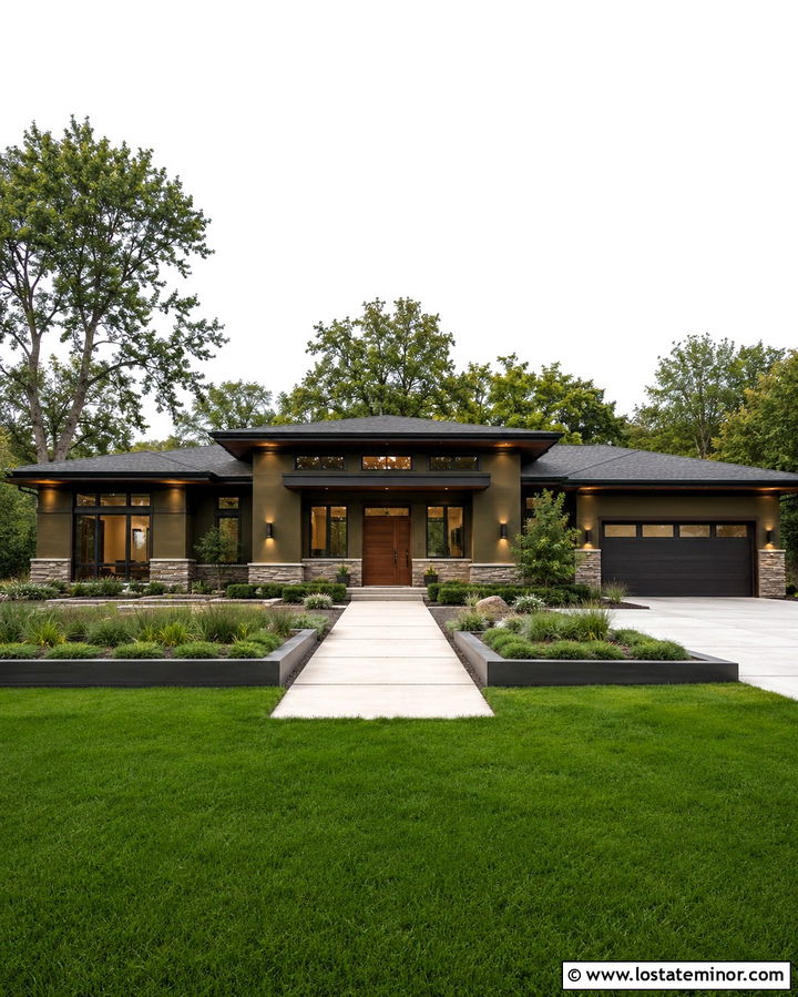 Olive Green Prairie House With Horizontal Lighting - 30 Olive Green House Design With Lighting Ideas