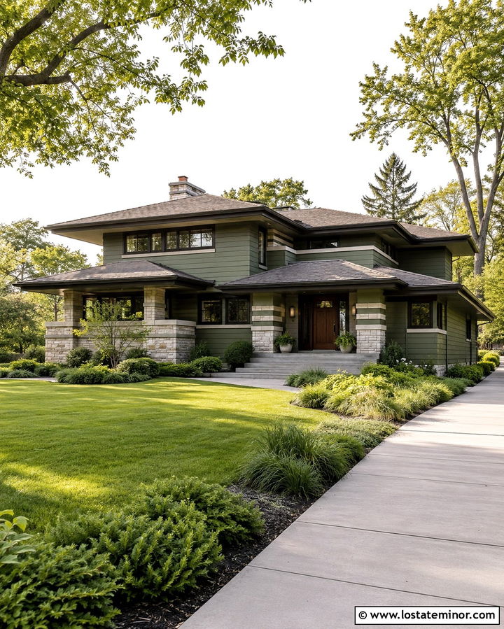 Olive Green Prairie House With Horizontal Stone - 30 Olive Green House Design With Stone Accents Ideas
