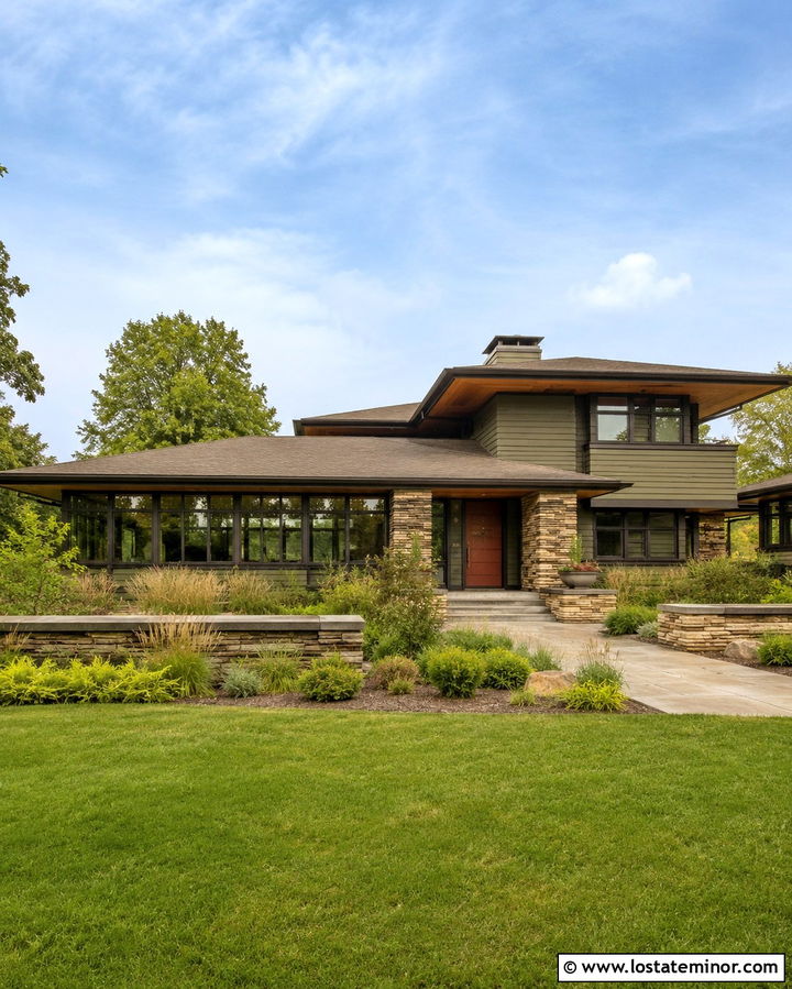Olive Green Prairie House With Low Roof Sunroom - 30 Olive Green House Design With Sunroom Ideas