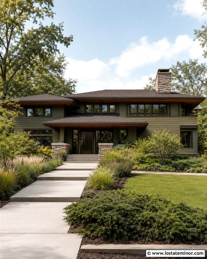 Olive Green Prairie House With Slim Bronze Windows - 30 Olive Green House Design With Window Frames Ideas