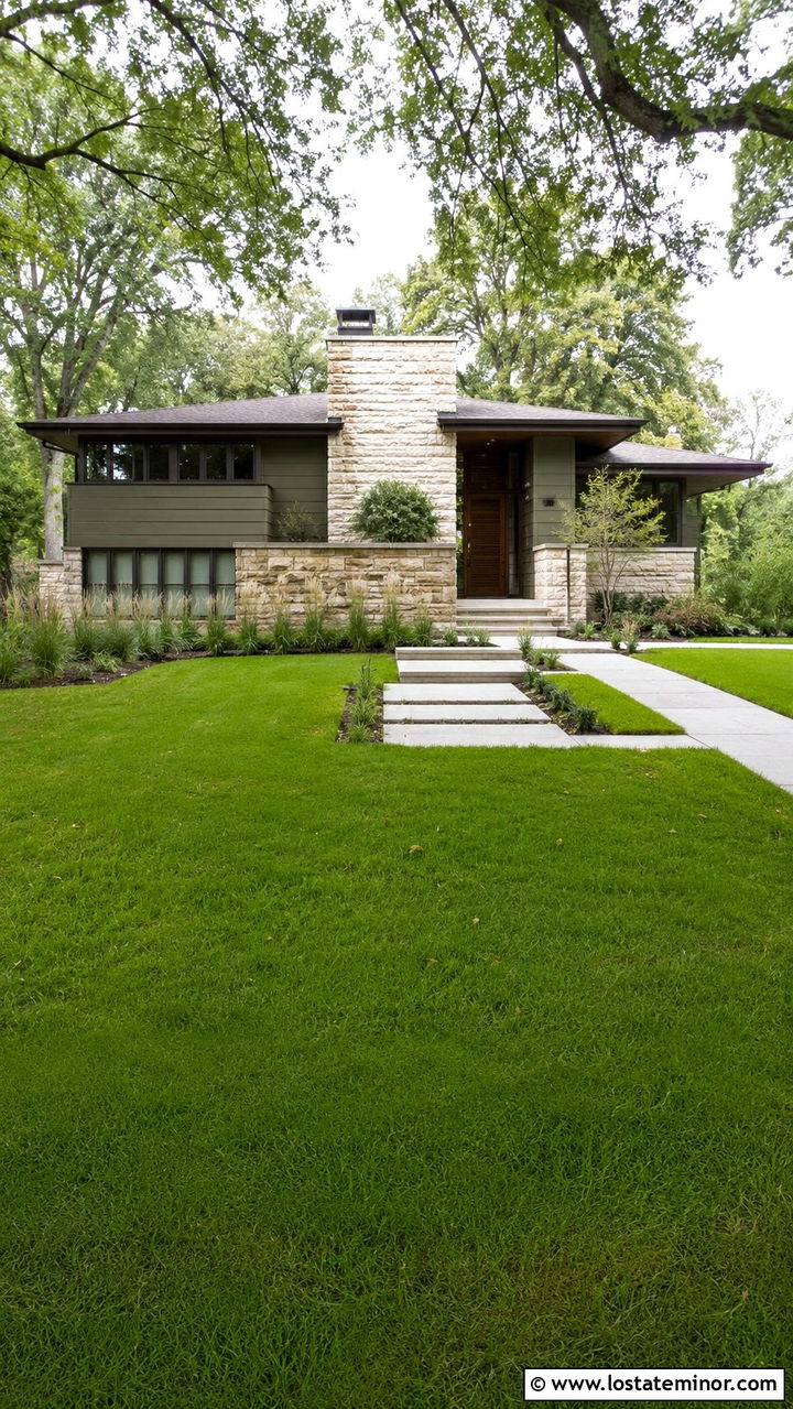 Olive Green Prairie House With Wide Stone Chimney - 30 Olive Green House Design With Chimney Ideas