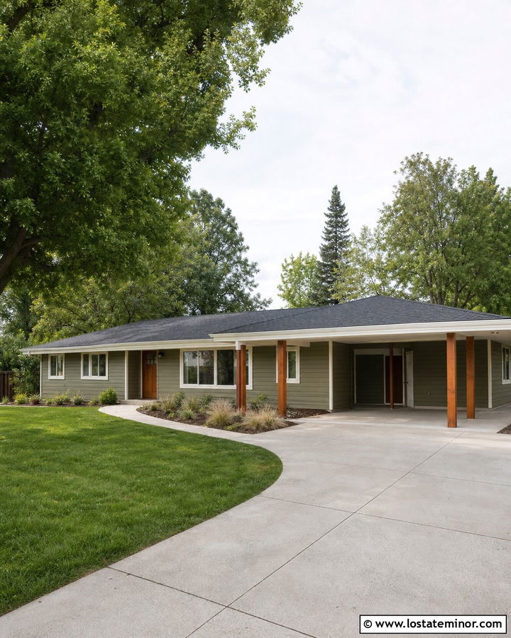Olive Green Ranch House With Attached Carport - 30 Olive Green House Design With Carport Ideas