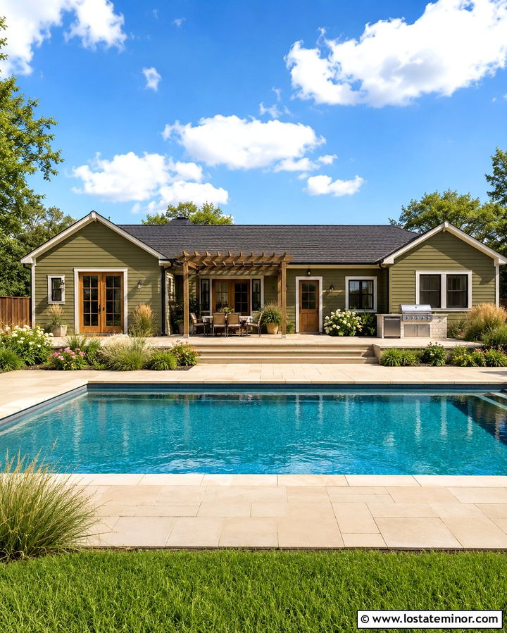 Olive Green Ranch House With Backyard Pool - 30 Olive Green House Design With Swimming Pool Ideas