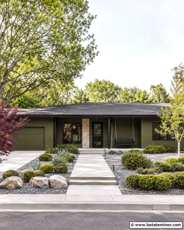 Olive Green Ranch House With Black Swing - 30 Olive Green House Design With Swing Ideas