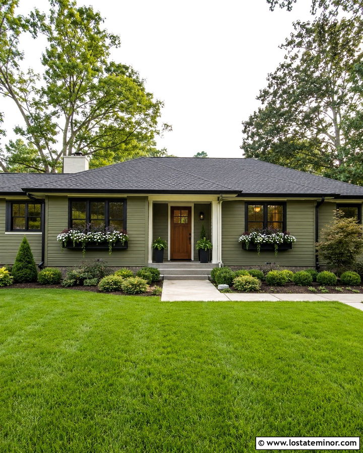 Olive Green Ranch House With Black Window Boxes - 30 Olive Green House Design With Window Boxes Ideas