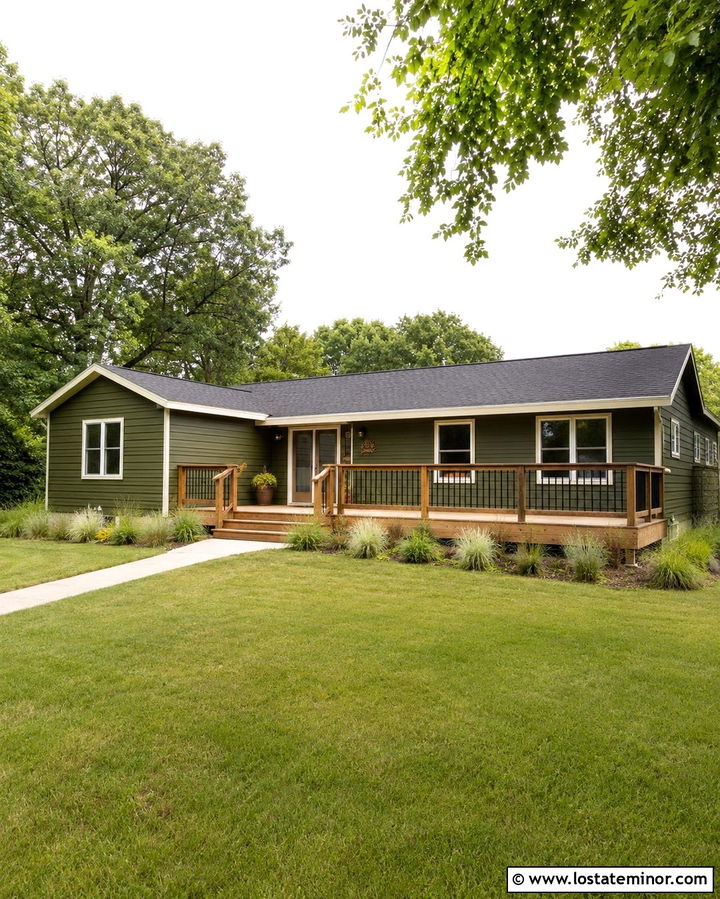 Olive Green Ranch House With Cedar Deck - 30 Olive Green House Design With Deck Ideas