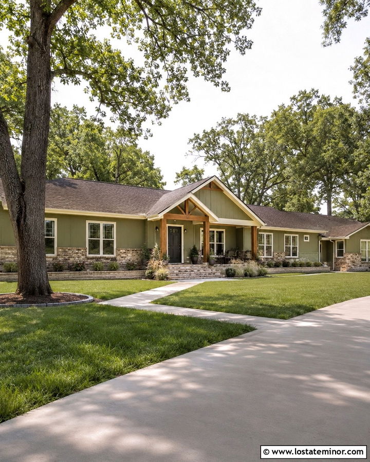 Olive Green Ranch House With Cedar Porch Posts - 30 Olive Green House Design With Porch Columns Ideas