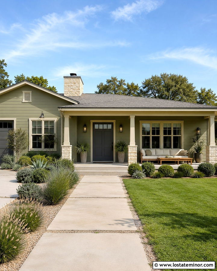 Olive Green Ranch House With Covered Patio Daybed - 30 Olive Green House Design With Daybed Ideas