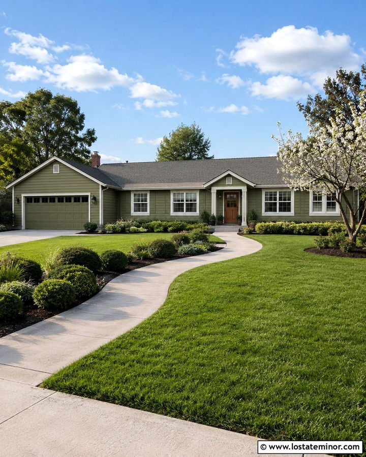 Olive Green Ranch House With Curved Walkway - 30 Olive Green House Design With Front Yard Ideas