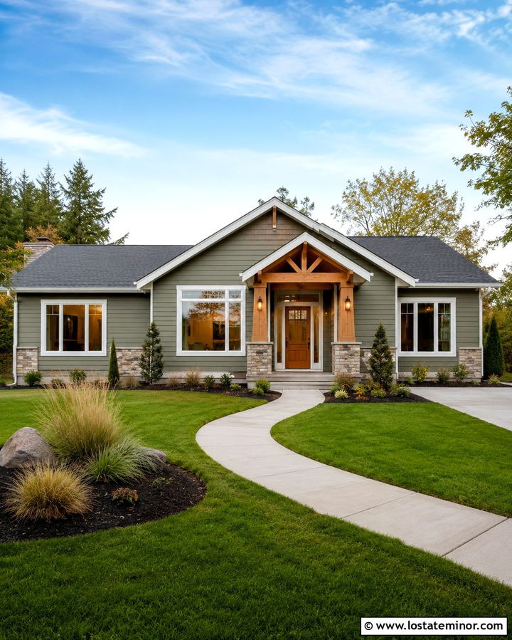 Olive Green Ranch House With Gabled Portico - 30 Olive Green House Design With Portico Ideas