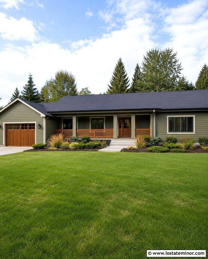Olive Green Ranch House With Horizontal Railings - 30 Olive Green House Design With Railings Ideas