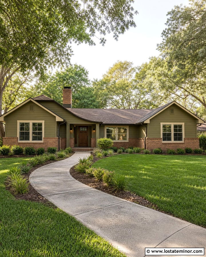 Olive Green Ranch House With Red Brick - 30 Olive Green House Design With Brick Accents Ideas