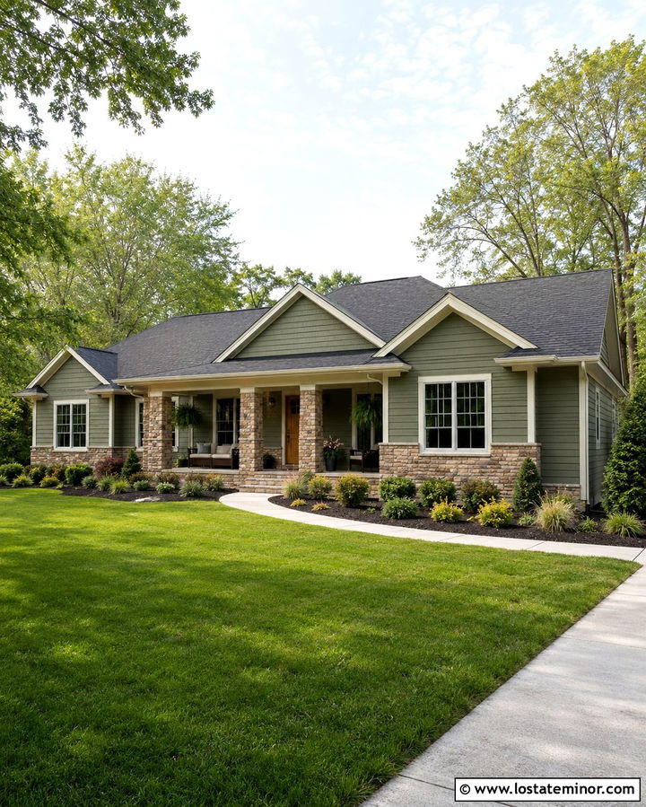 Olive Green Ranch House With Stone Front Porch - 30 Olive Green House Design With Front Porch Ideas