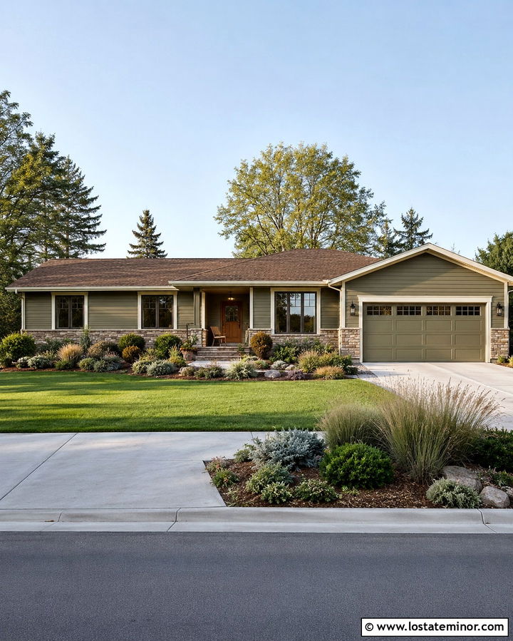 Olive Green Ranch House With Stone Skirting - 30 Olive Green House Design With Stone Accents Ideas