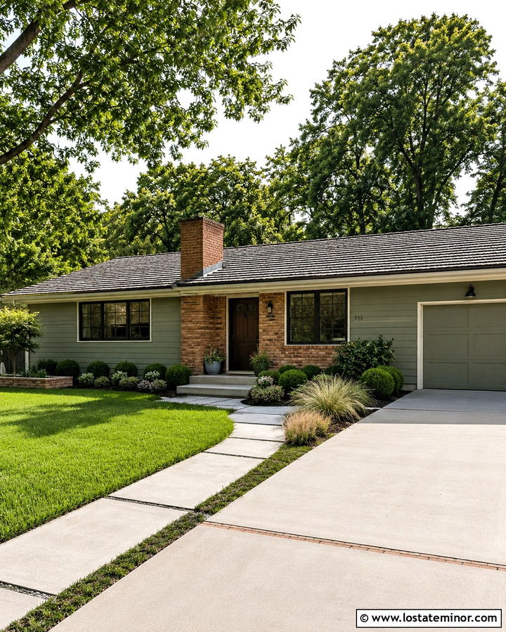 Olive Green Ranch Siding With Brick Accents - 30 Olive Green House Design With Siding Ideas