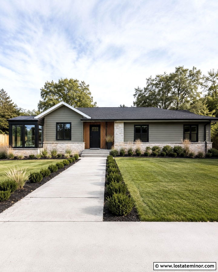 Olive Green Ranch With Black Frame Sunroom - 30 Olive Green House Design With Sunroom Ideas