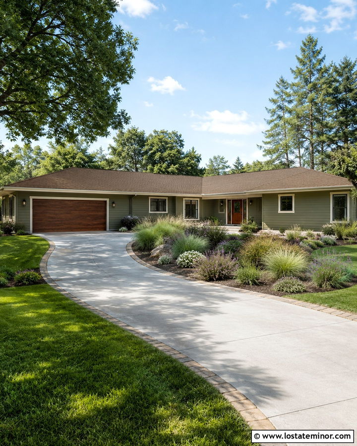 Olive Green Ranch With Curved Driveway - 30 Olive Green House Design With Driveway Ideas