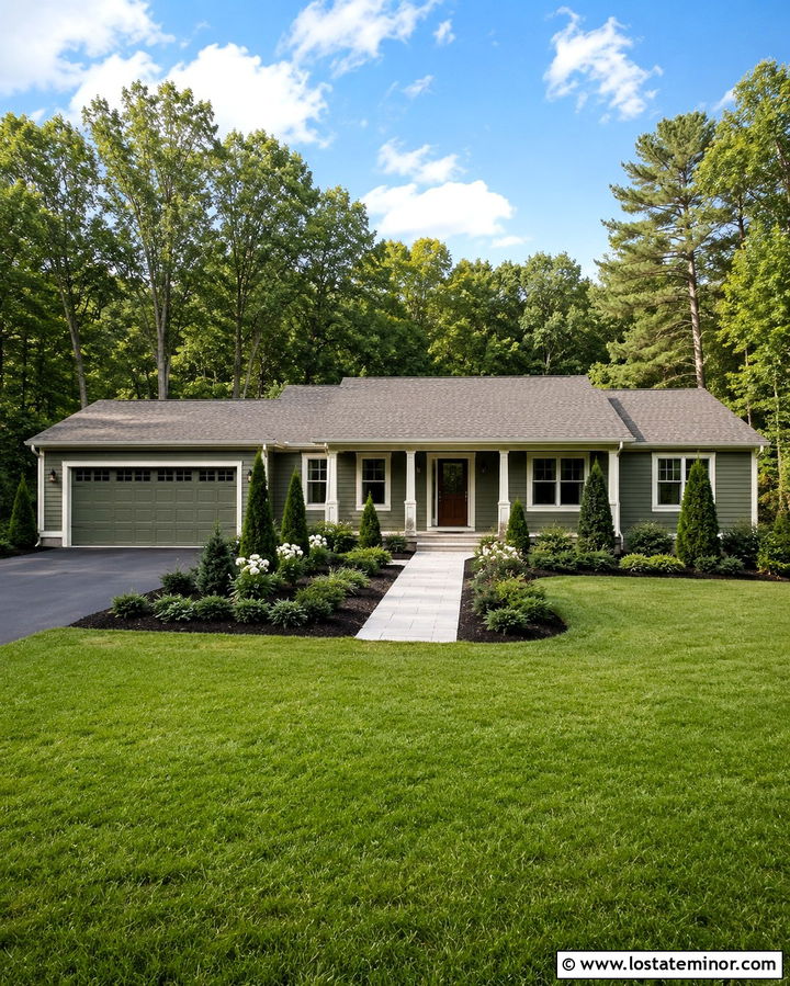 Olive Green Ranch With Layered Evergreen Beds - 30 Olive Green House Design With Landscaping Ideas