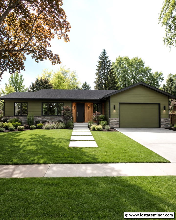 Olive Green Ranch With Modern Wall Lights - 30 Olive Green House Design With Lighting Ideas