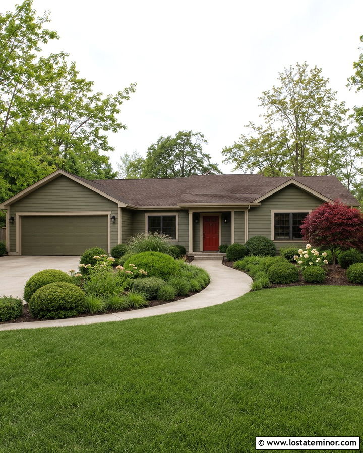 Olive Green Ranch With Red Front Door - 30 Olive Green House Design With Landscaping Ideas