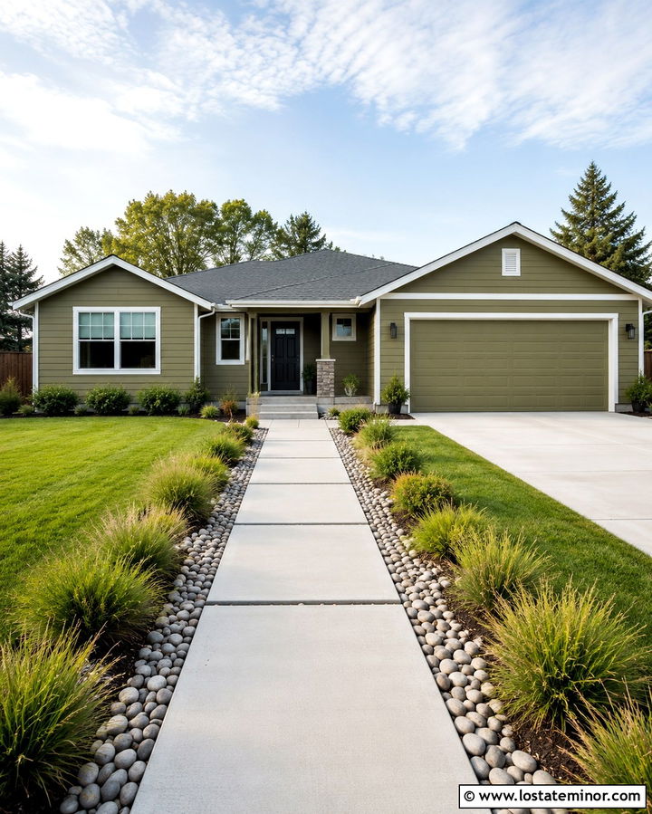 Olive Green Ranch With Straight Concrete Walkway - 30 Olive Green House Design With Walkway Ideas