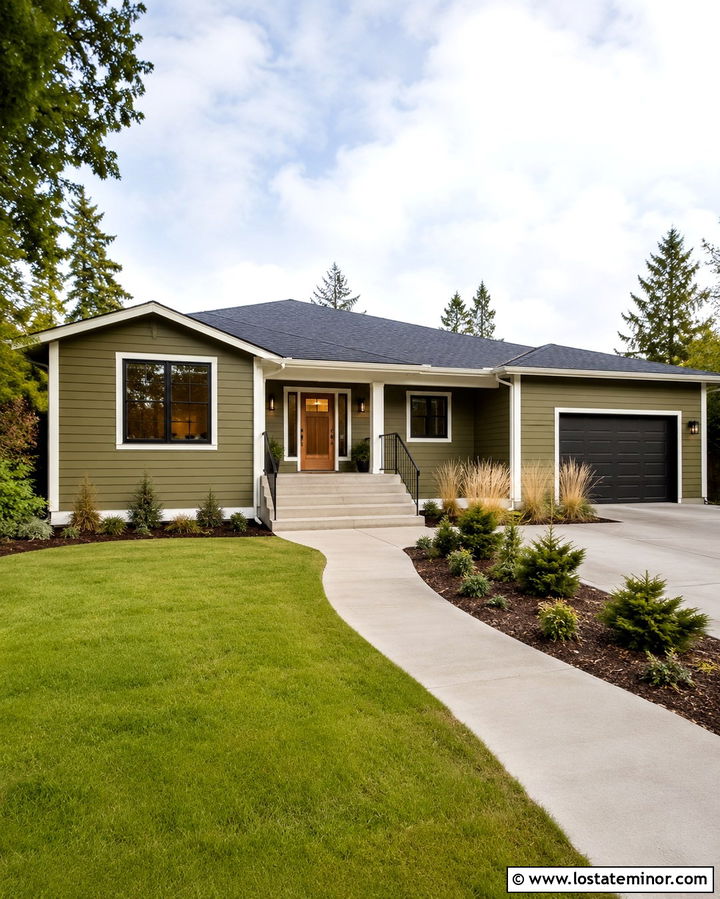 Olive Green Ranch With Wide Concrete Steps - 30 Olive Green House Design With Steps Ideas