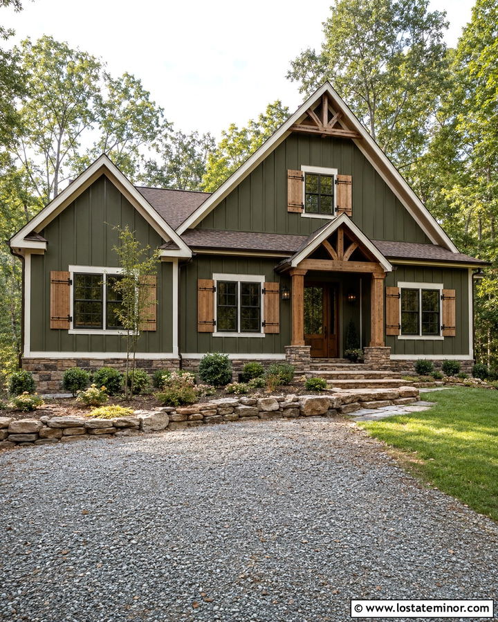 Olive Green Rustic House With Board And Batten Shutters - 30 Olive Green House Design With Shutters Ideas