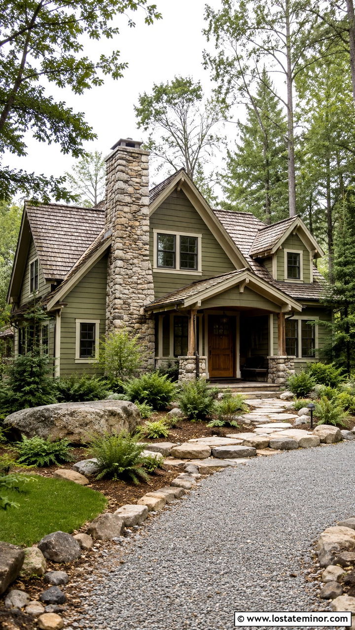 Olive Green Rustic House With Cedar Shake Roof - 30 Olive Green House Design With Chimney Ideas