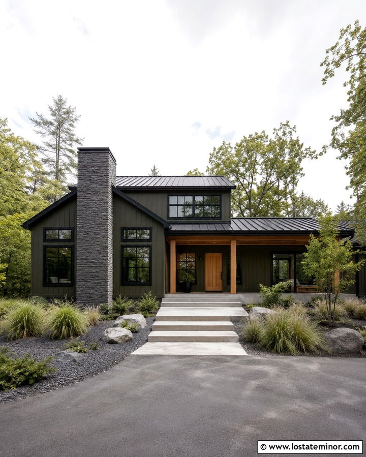 Olive Green Rustic Modern House With Stone Chimney - 30 Olive Green House Design With Stone Accents Ideas