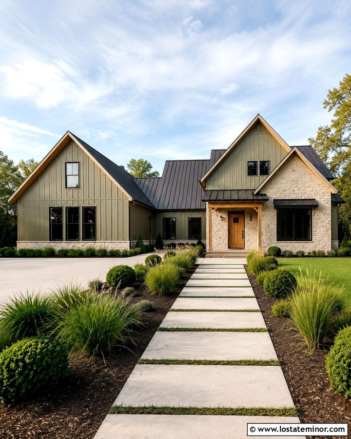 Olive Green Scandinavian House With Light Stone - 30 Olive Green House Design With Stone Accents Ideas