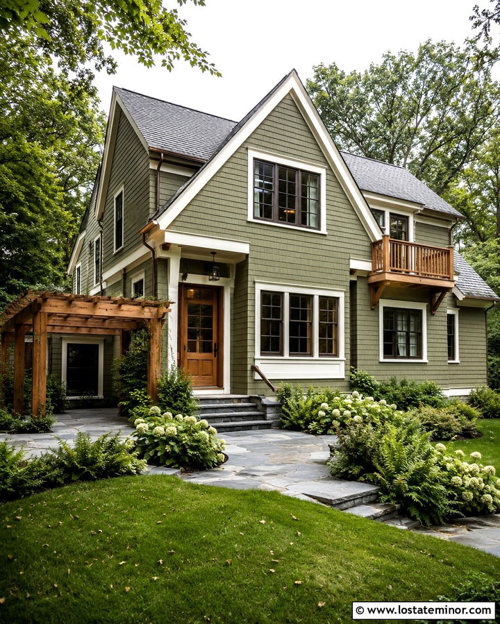 Olive Green Shingle House With Cedar Pergola - 30 Olive Green House Design With Pergola Ideas