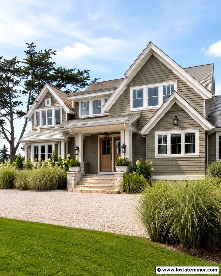 Olive Green Shingle House With Coastal Lanterns - 30 Olive Green House Design With Lighting Ideas