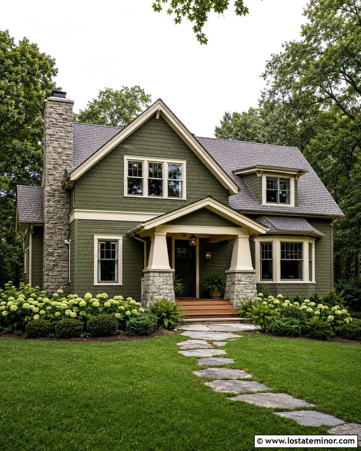 Olive Green Shingle House With Granite Accents - 30 Olive Green House Design With Stone Accents Ideas