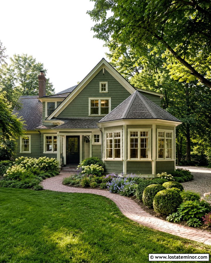 Olive Green Shingle House With Octagon Sunroom - 30 Olive Green House Design With Sunroom Ideas