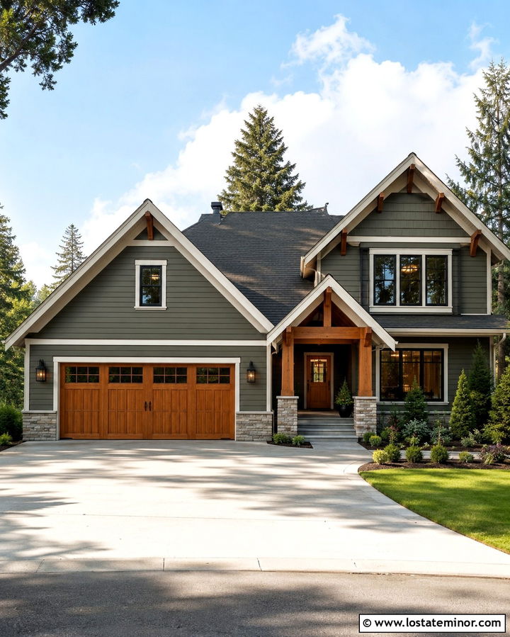 Olive Green Siding With Cedar Garage Door - 30 Olive Green House Design With Siding Ideas