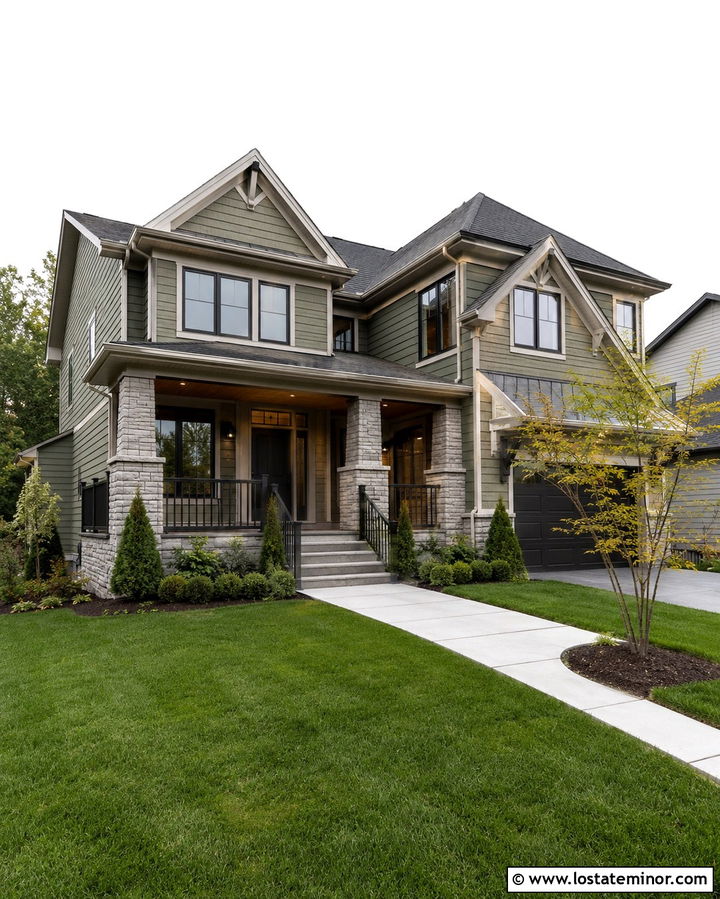 Olive Green Siding With Gray Stone Porch - 30 Olive Green House Design With Siding Ideas