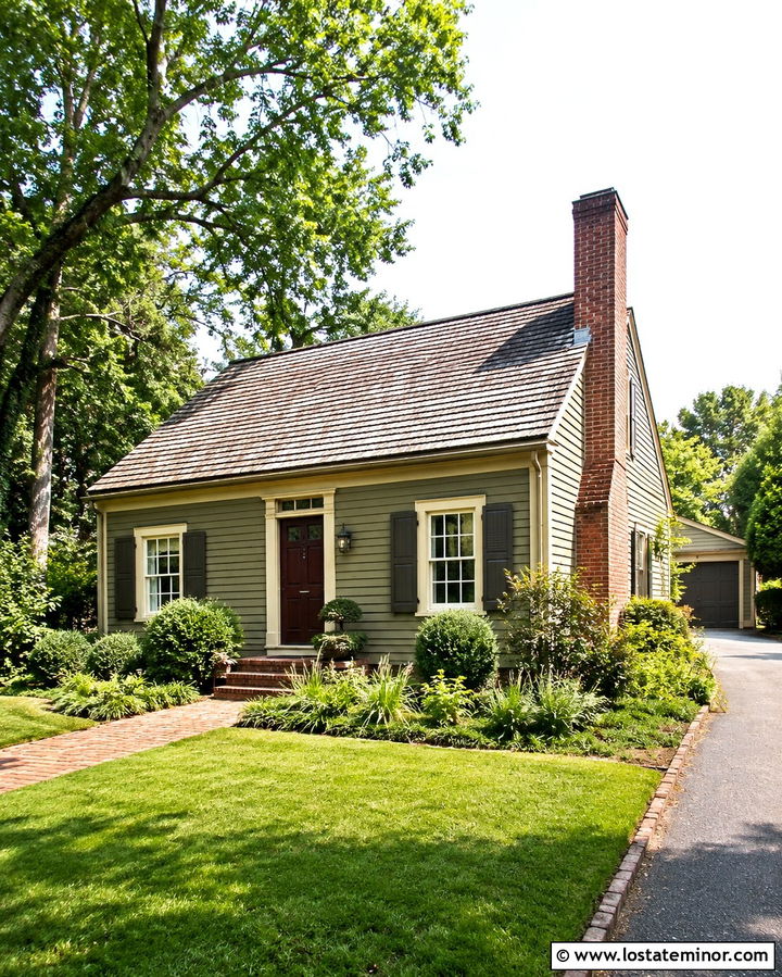 Olive Green Siding With Red Brick Chimney - 30 Olive Green House Design With Siding Ideas