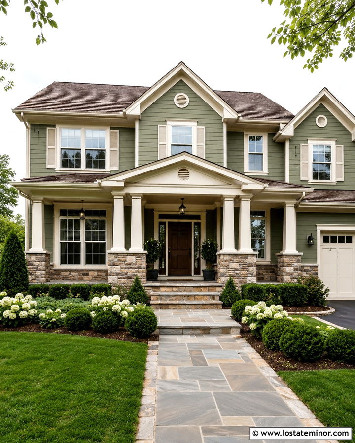 Olive Green Siding With Tan Stone Veneer - 30 Olive Green House Design With Siding Ideas
