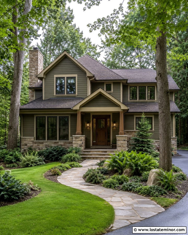 Olive Green Siding With Warm Beige Trim - 30 Olive Green House Design With Siding Ideas