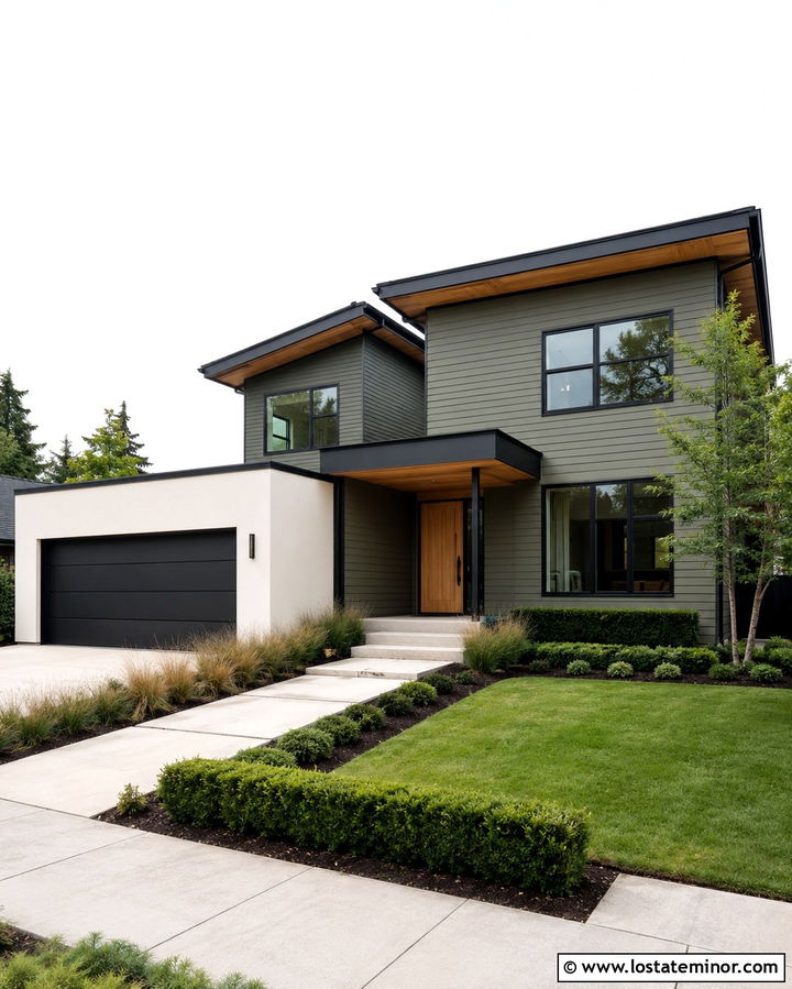 Olive Green Siding With Warm White Stucco - 30 Olive Green House Design With Siding Ideas