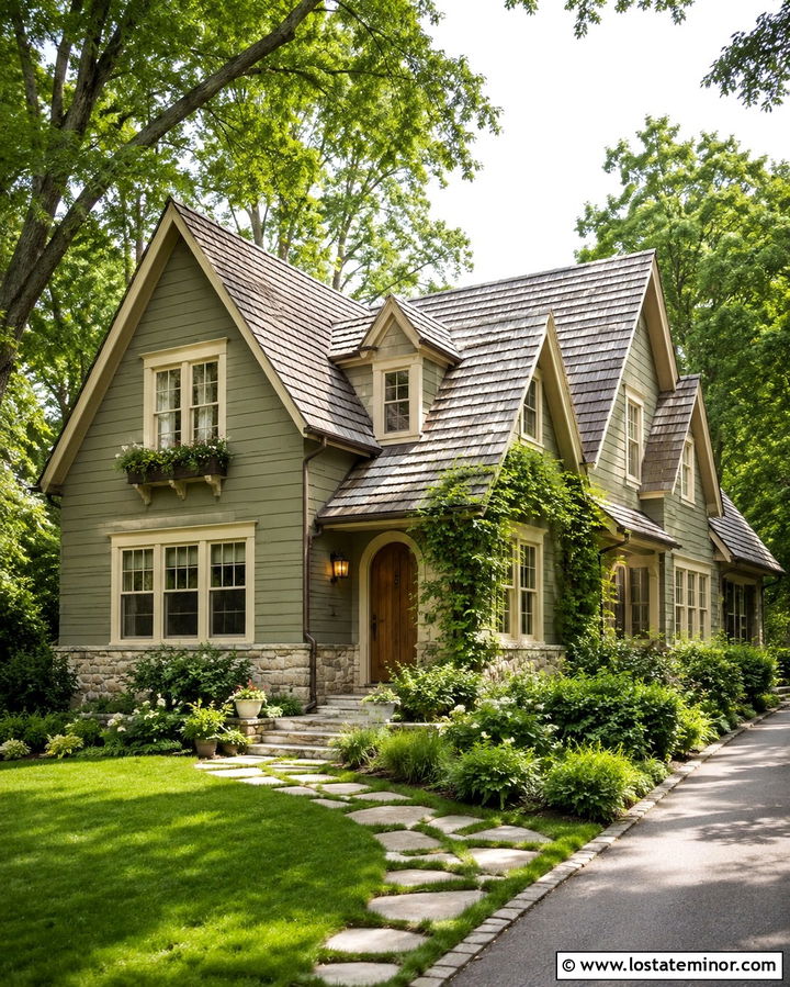 Olive Green Siding With Weathered Wood Roof - 30 Olive Green House Design With Siding Ideas