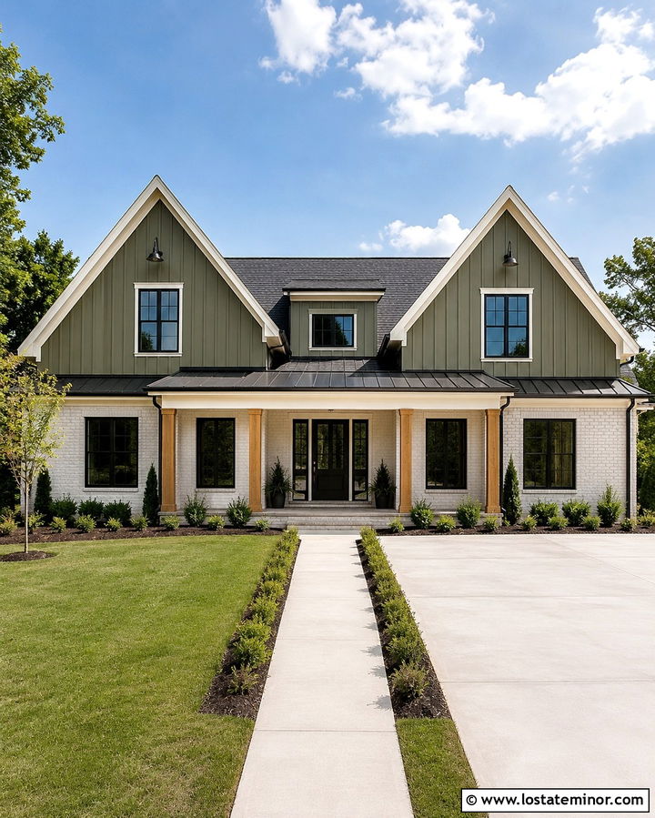 Olive Green Siding With White Brick - 30 Olive Green House Design With Siding Ideas