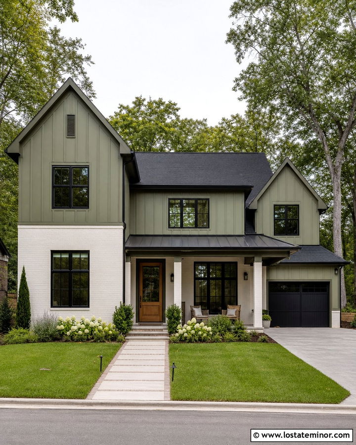 Olive Green Siding With White Brick - 30 Olive Green House Design With Accents Ideas